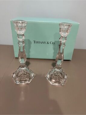 Vintage 1993 Tiffany & Co. Hampton Crystal Candleholders 9.25” Pair w/ Box
